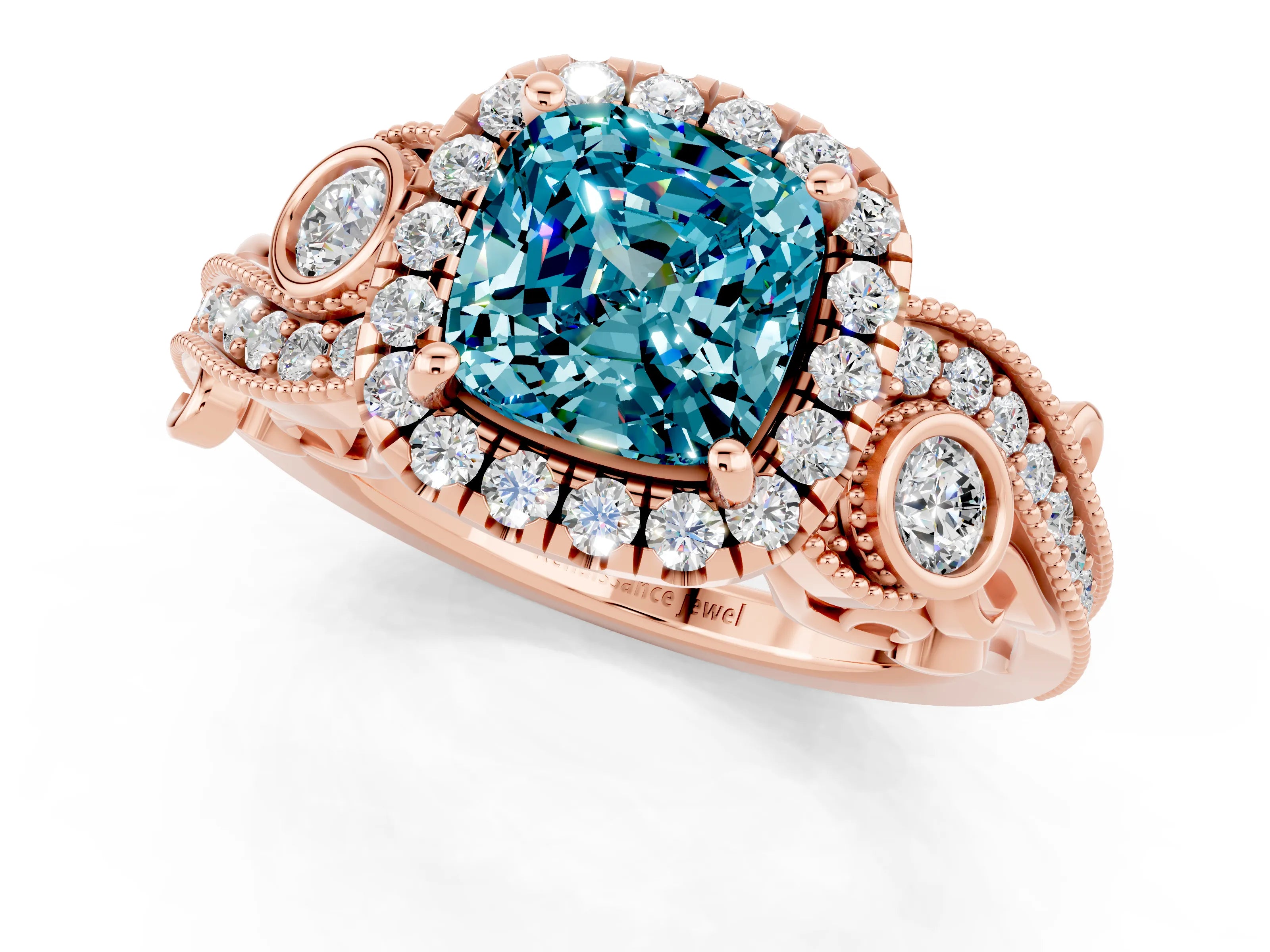 Rose gold Cushion Cut Blue Topaz Halo Ring with Milgrain Pavé Band and Four-Prong Setting_13