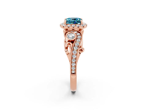 Rose gold Cushion Cut Blue Topaz Halo Ring with Milgrain Pavé Band and Four-Prong Setting_14