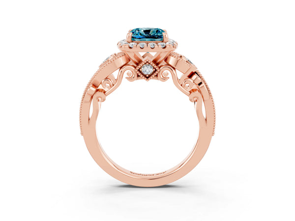 Rose gold Cushion Cut Blue Topaz Halo Ring with Milgrain Pavé Band and Four-Prong Setting