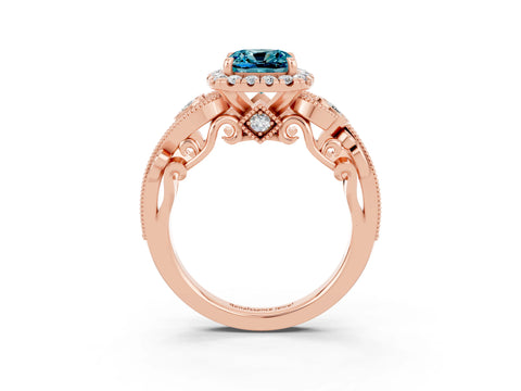 Rose gold Cushion Cut Blue Topaz Halo Ring with Milgrain Pavé Band and Four-Prong Setting_15
