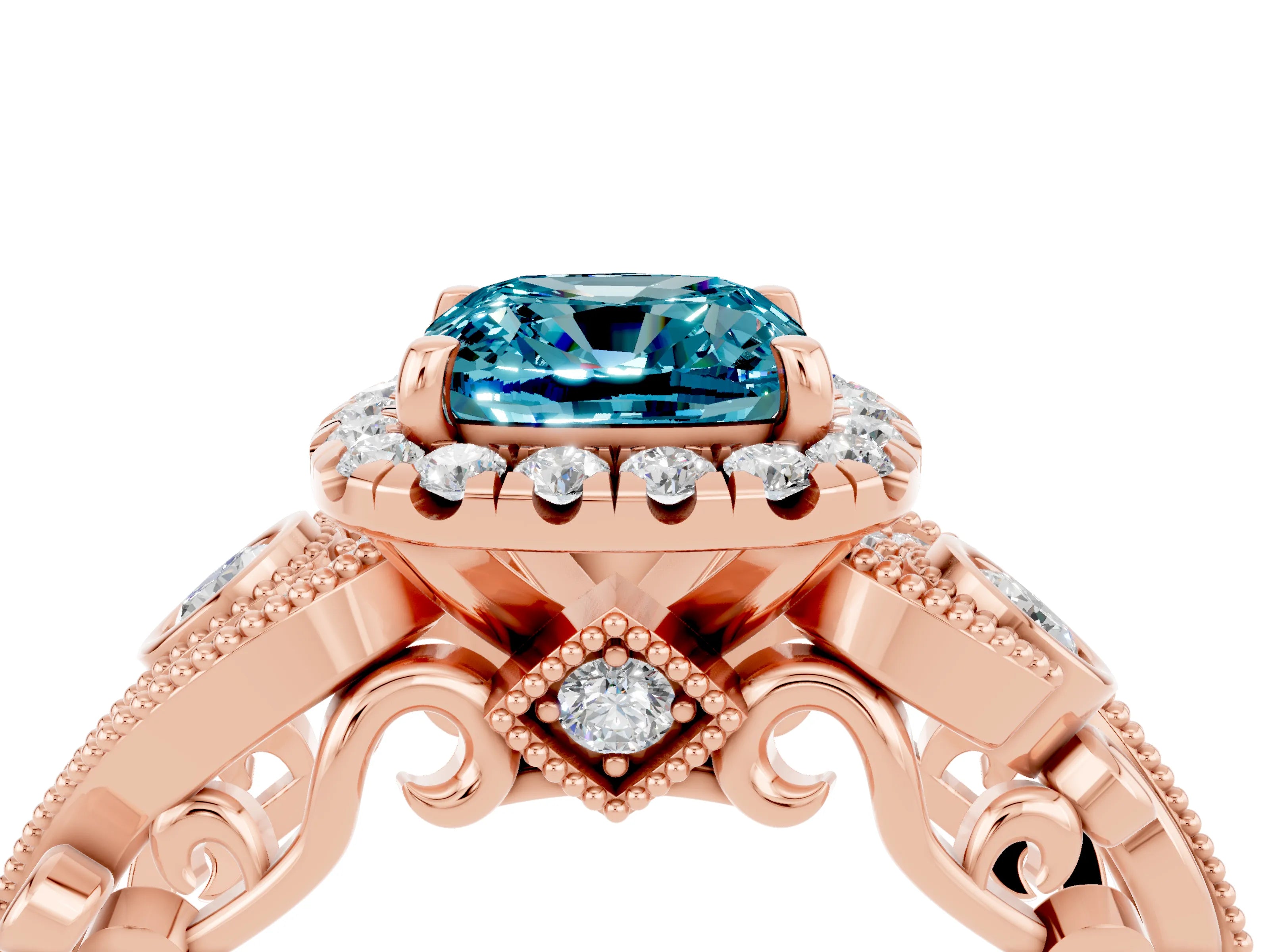 Rose gold Cushion Cut Blue Topaz Halo Ring with Milgrain Pavé Band and Four-Prong Setting_16