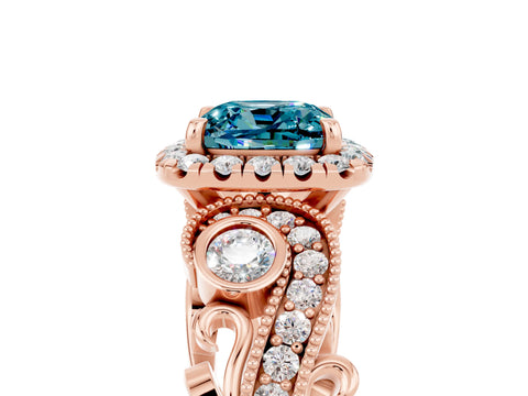 Rose gold Cushion Cut Blue Topaz Halo Ring with Milgrain Pavé Band and Four-Prong Setting_17
