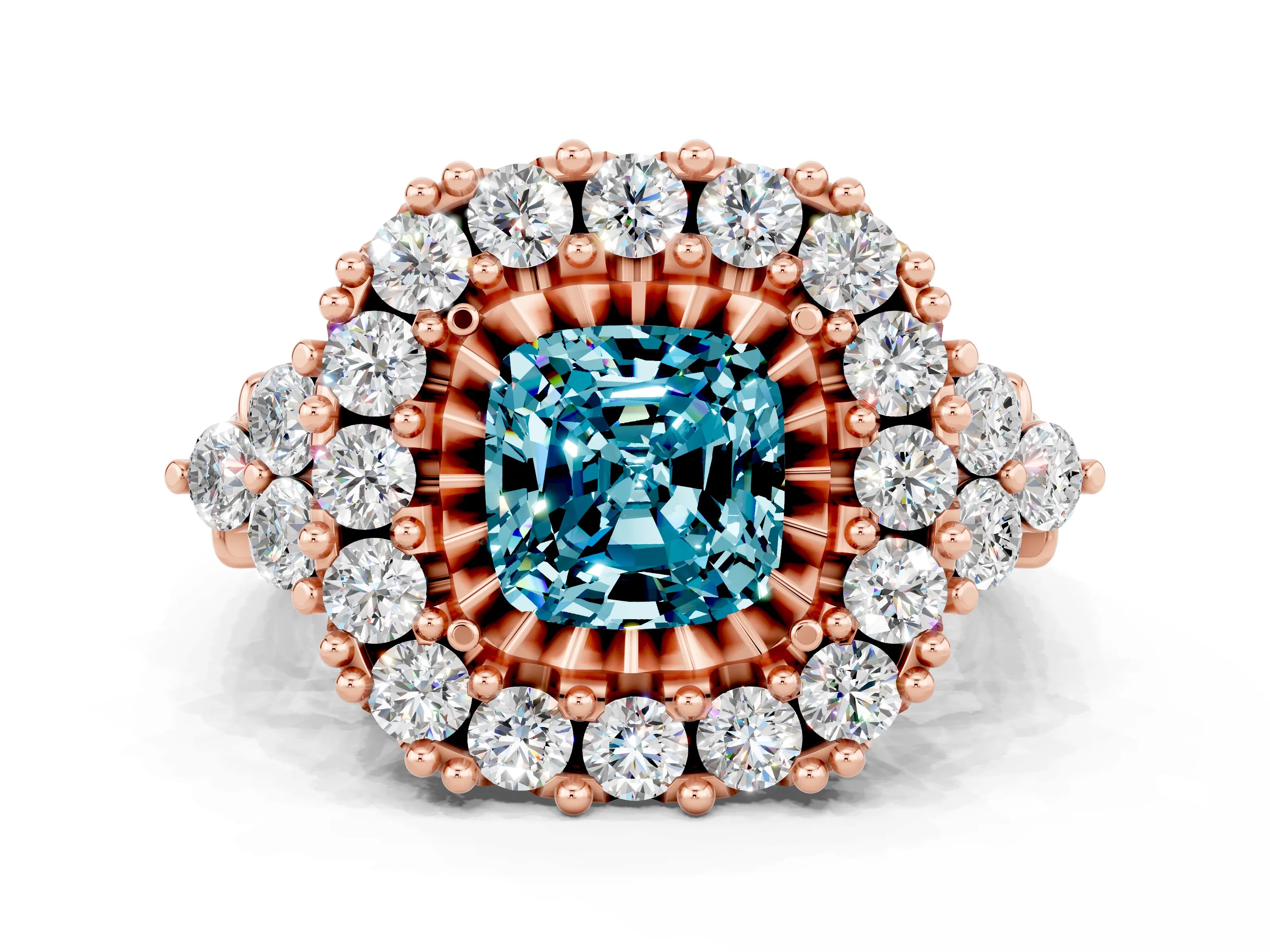 Rose gold Cushion Cut Blue Topaz Halo Ring with Pavé Band and Four-Prong Setting_12