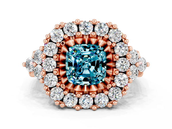 Rose gold Cushion Cut Blue Topaz Halo Ring with Pavé Band and Four-Prong Setting