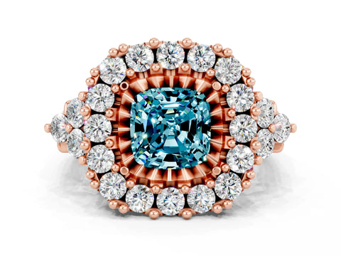 Rose gold Cushion Cut Blue Topaz Halo Ring with Pavé Band and Four-Prong Setting_12