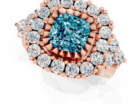 Rose gold Cushion Cut Blue Topaz Halo Ring with Pavé Band and Four-Prong Setting_13