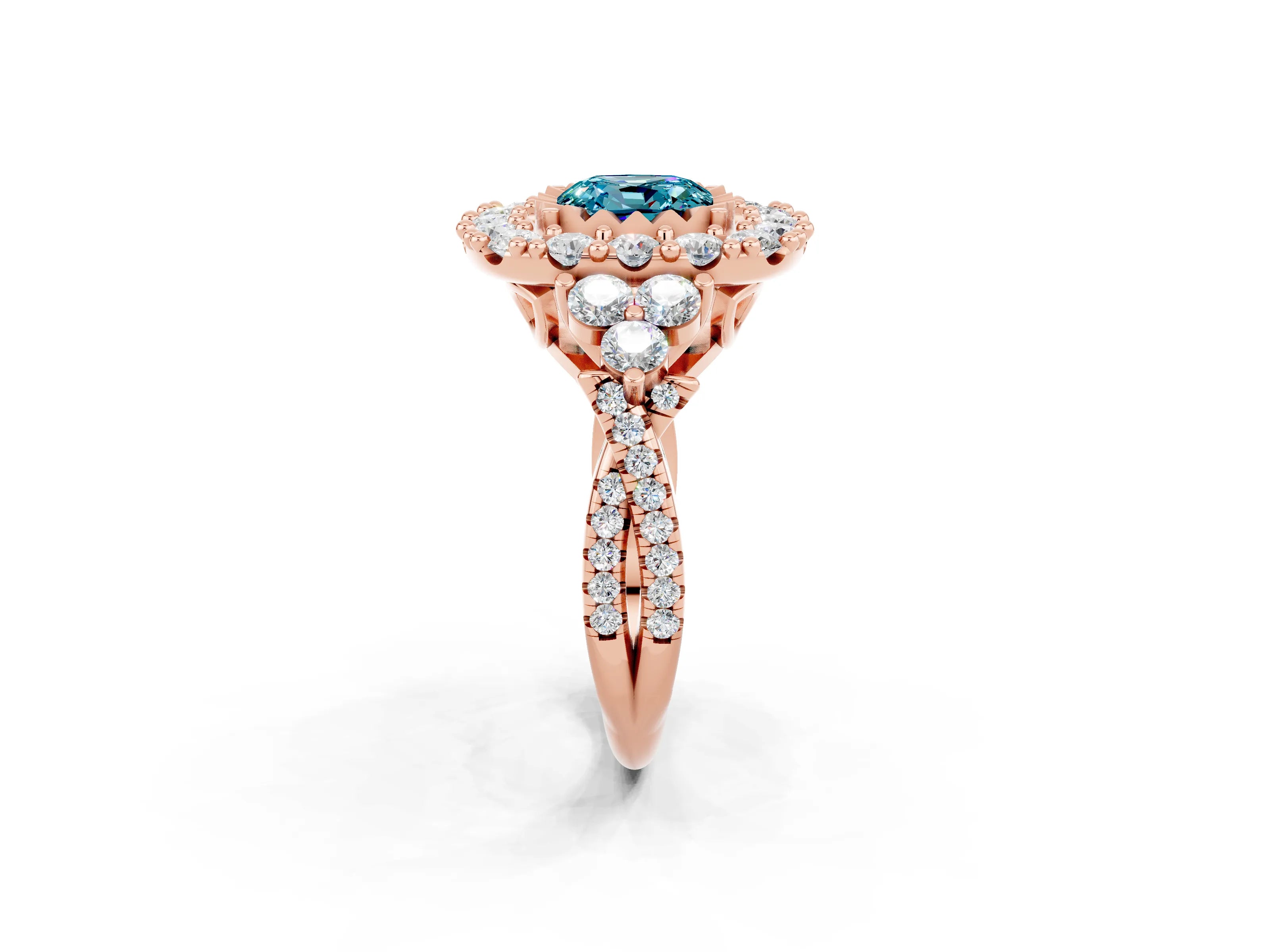 Rose gold Cushion Cut Blue Topaz Halo Ring with Pavé Band and Four-Prong Setting_14