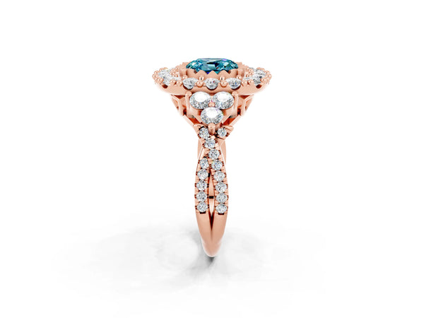 Rose gold Cushion Cut Blue Topaz Halo Ring with Pavé Band and Four-Prong Setting