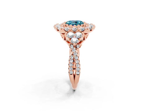 Rose gold Cushion Cut Blue Topaz Halo Ring with Pavé Band and Four-Prong Setting_14
