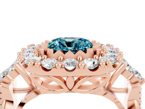 Rose gold Cushion Cut Blue Topaz Halo Ring with Pavé Band and Four-Prong Setting_16
