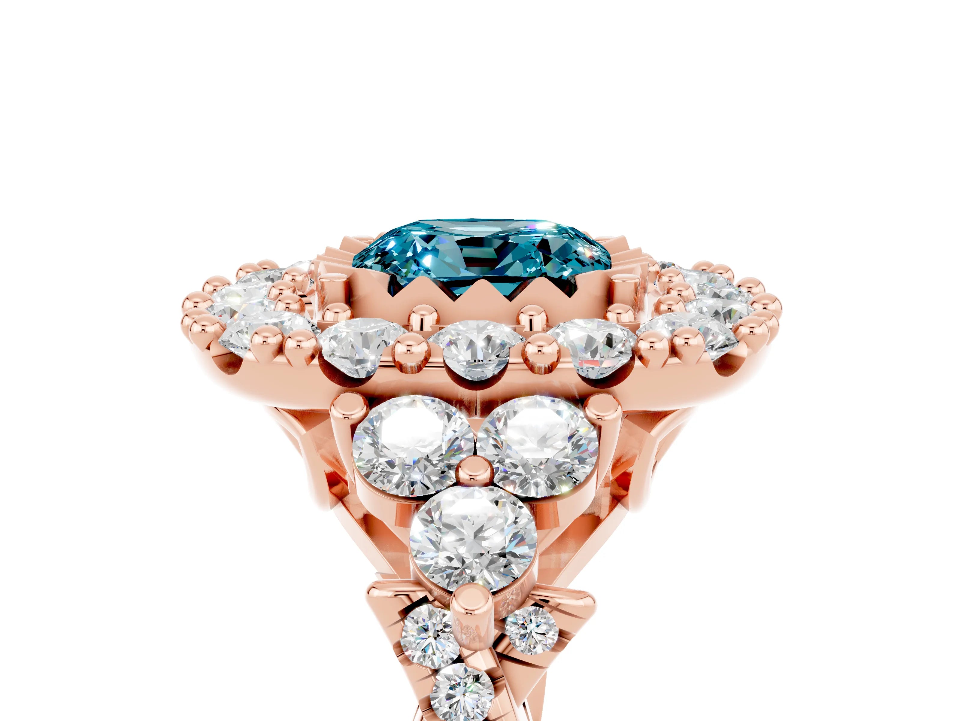 Rose gold Cushion Cut Blue Topaz Halo Ring with Pavé Band and Four-Prong Setting_17