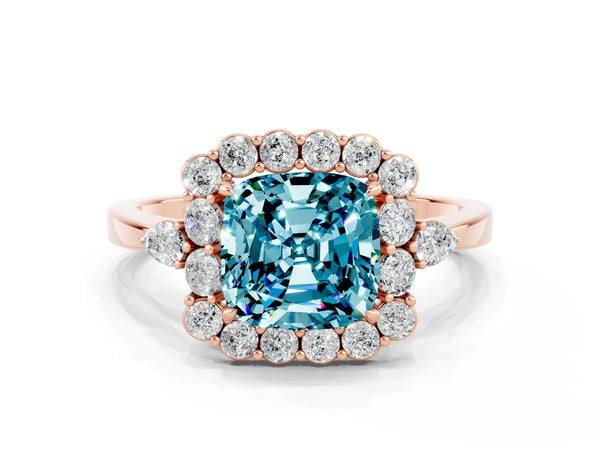 Rose gold Cushion Cut Blue Topaz Halo Ring with Pear Side Stones and Prong Setting