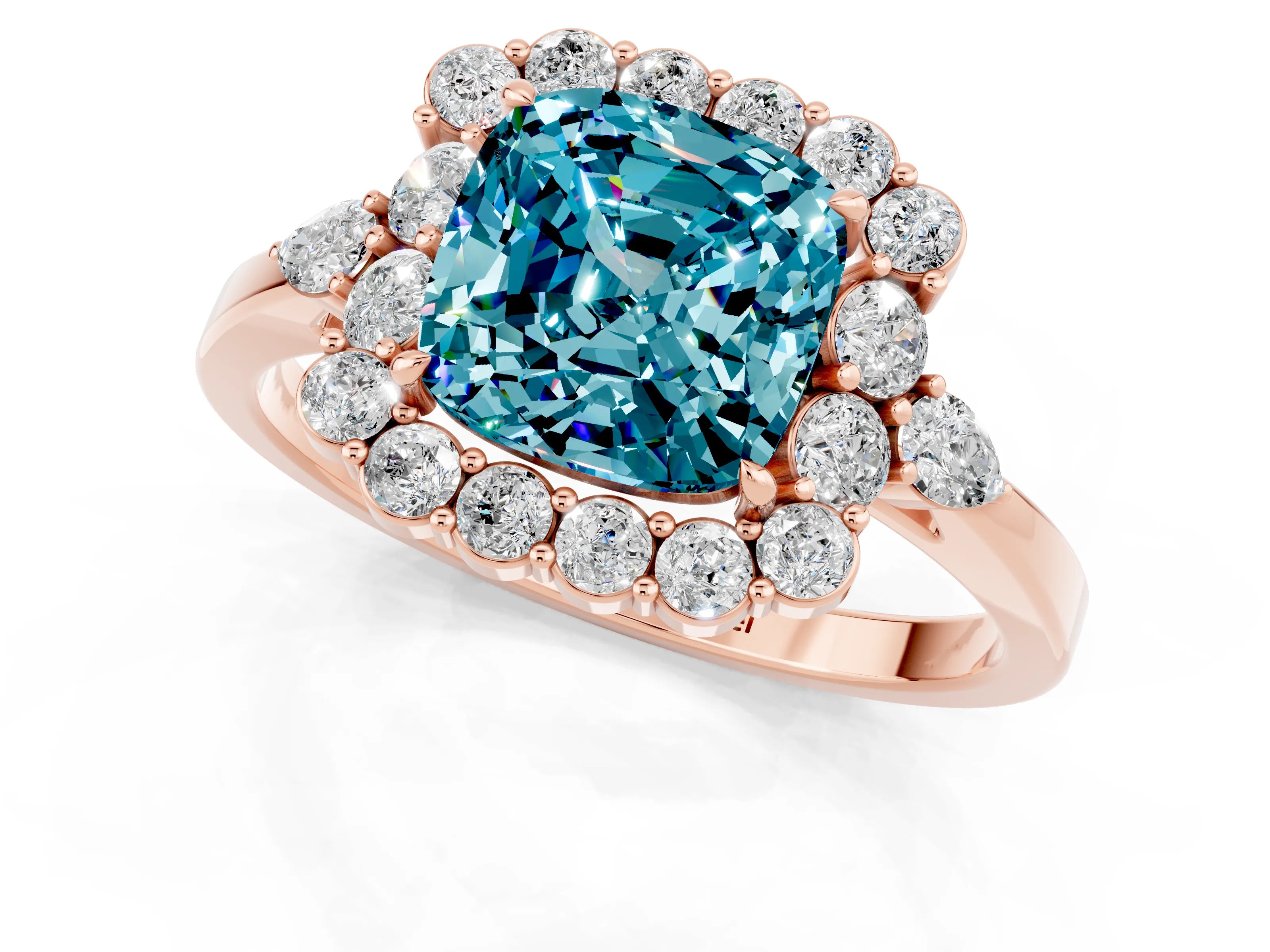 Rose gold Cushion Cut Blue Topaz Halo Ring with Pear Side Stones and Prong Setting_13
