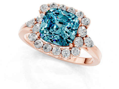 Rose gold Cushion Cut Blue Topaz Halo Ring with Pear Side Stones and Prong Setting_13