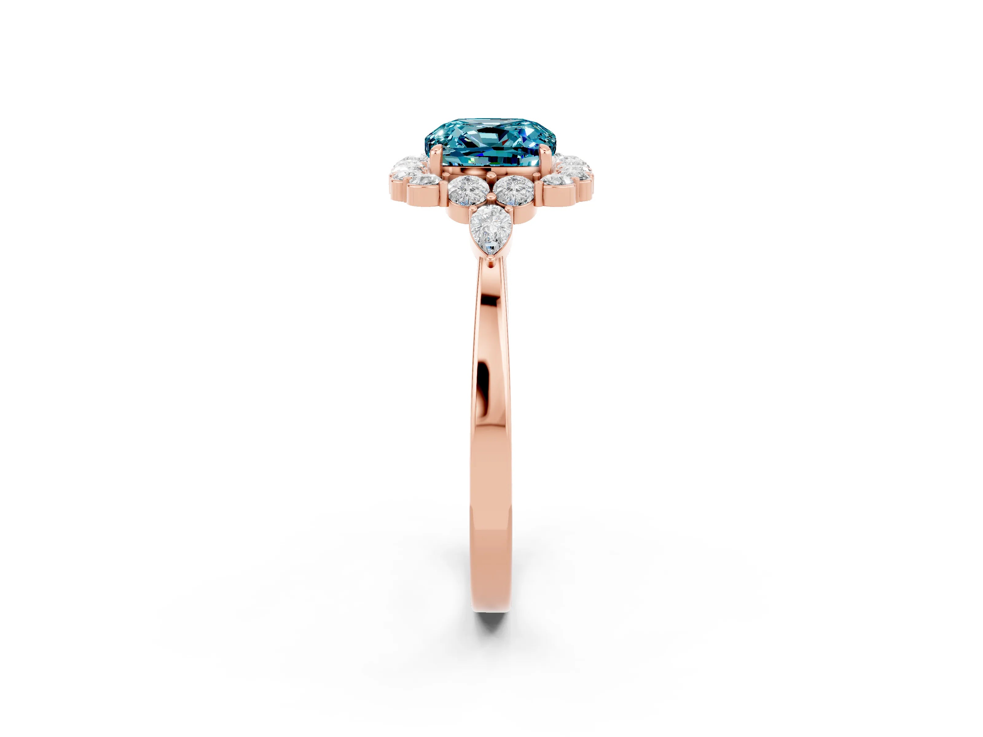 Rose gold Cushion Cut Blue Topaz Halo Ring with Pear Side Stones and Prong Setting_14