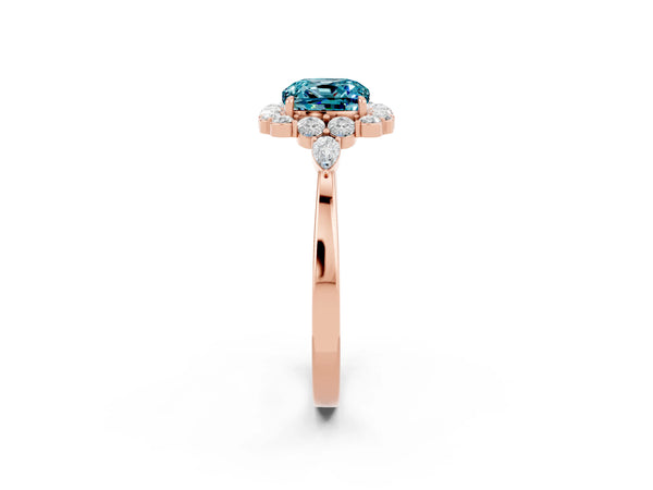 Rose gold Cushion Cut Blue Topaz Halo Ring with Pear Side Stones and Prong Setting
