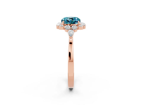 Rose gold Cushion Cut Blue Topaz Halo Ring with Pear Side Stones and Prong Setting_14