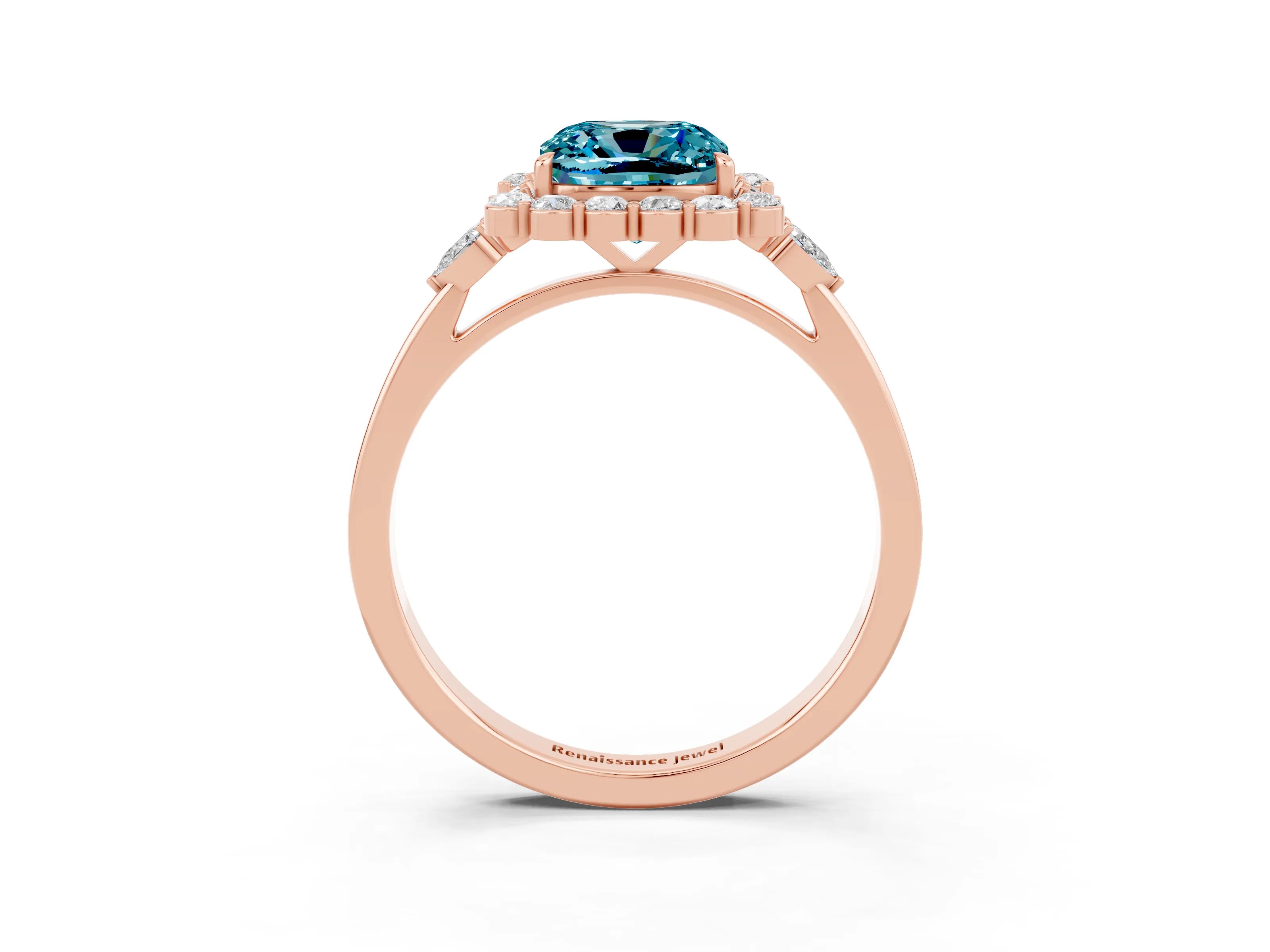 Rose gold Cushion Cut Blue Topaz Halo Ring with Pear Side Stones and Prong Setting_15