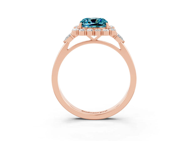 Rose gold Cushion Cut Blue Topaz Halo Ring with Pear Side Stones and Prong Setting