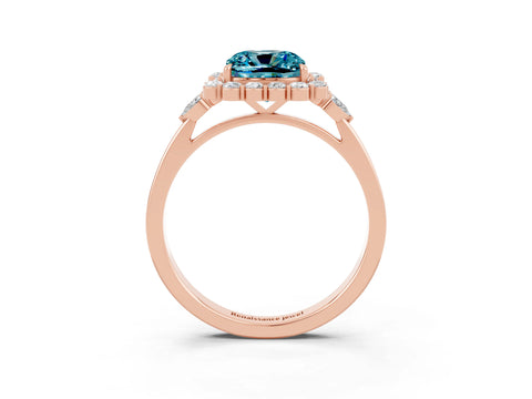 Rose gold Cushion Cut Blue Topaz Halo Ring with Pear Side Stones and Prong Setting_15