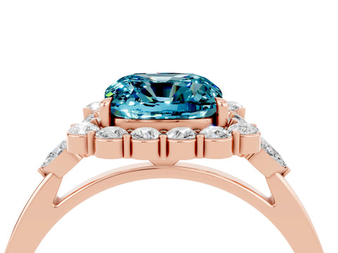 Rose gold Cushion Cut Blue Topaz Halo Ring with Pear Side Stones and Prong Setting_16