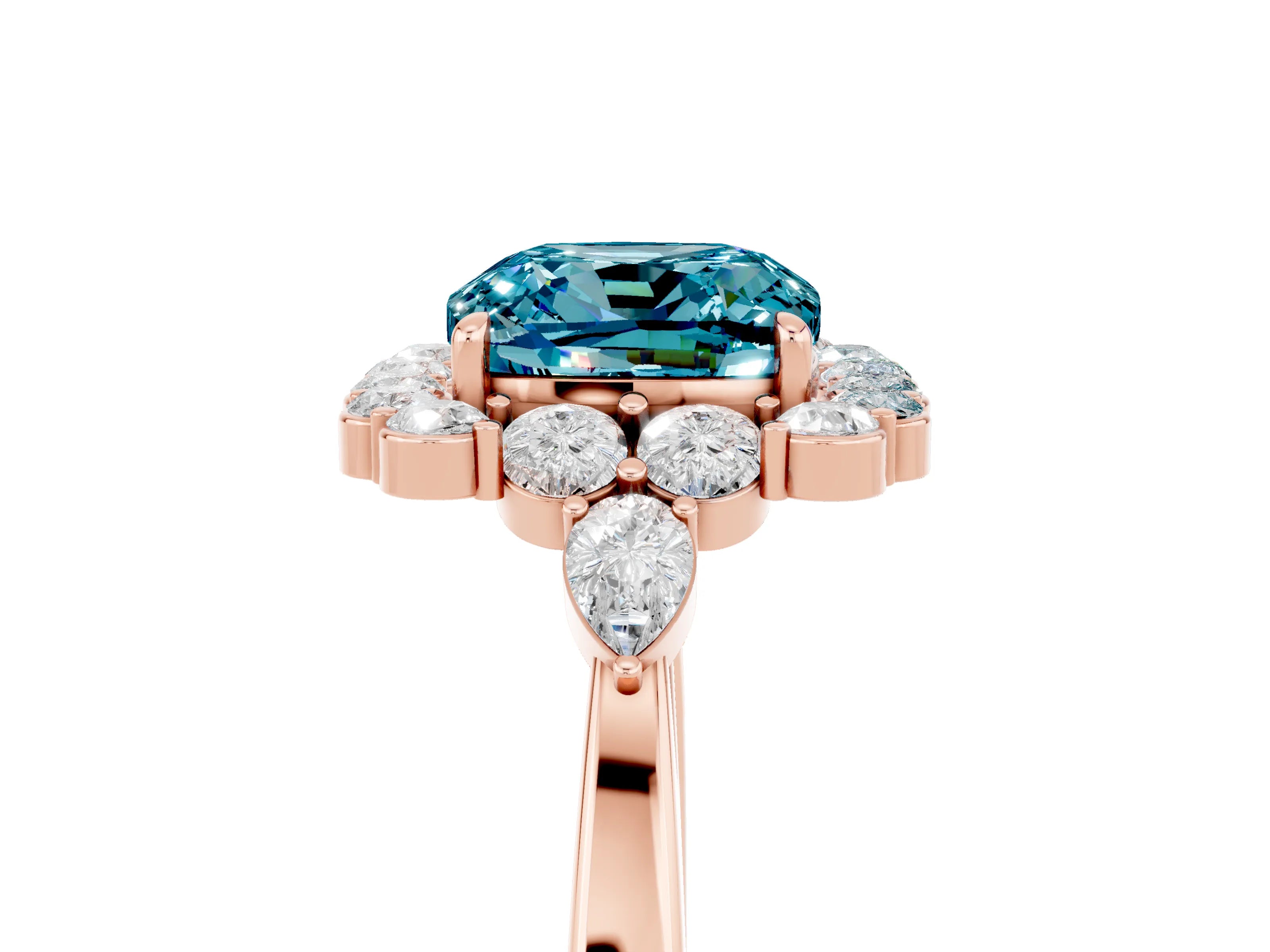 Rose gold Cushion Cut Blue Topaz Halo Ring with Pear Side Stones and Prong Setting_17
