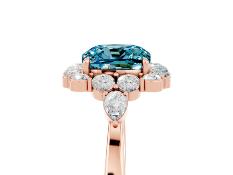 Rose gold Cushion Cut Blue Topaz Halo Ring with Pear Side Stones and Prong Setting_17