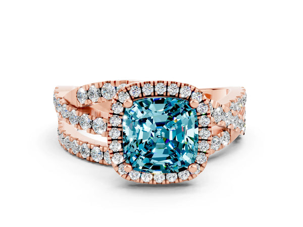 Rose gold Cushion Cut Blue Topaz Halo Ring with Round Split Shank and Prong Setting