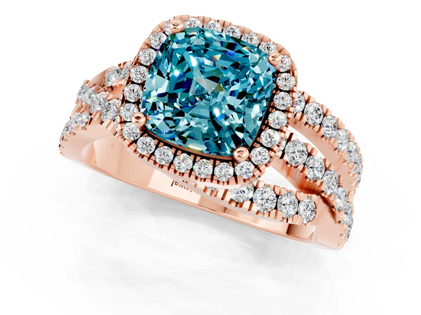 Rose gold Cushion Cut Blue Topaz Halo Ring with Round Split Shank and Prong Setting