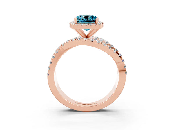 Rose gold Cushion Cut Blue Topaz Halo Ring with Round Split Shank and Prong Setting