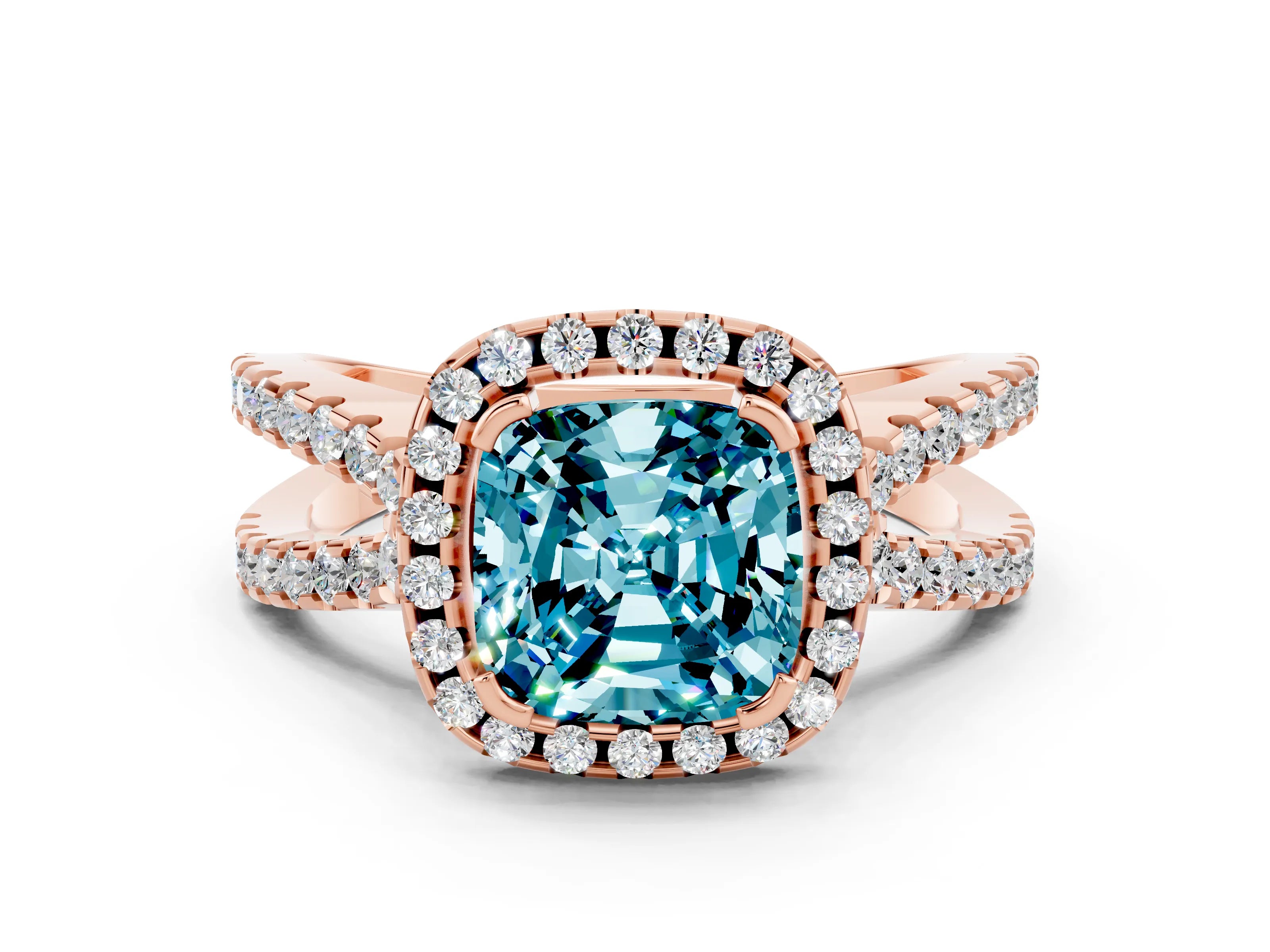 Rose gold Cushion Cut Blue Topaz Halo Ring with Split Shank Pavé Band and Prong Setting