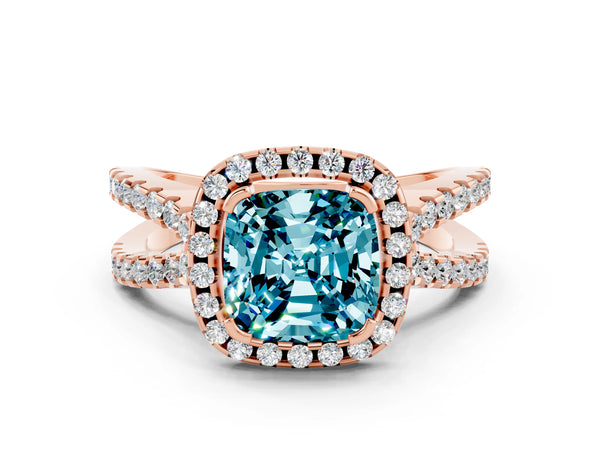 Rose gold Cushion Cut Blue Topaz Halo Ring with Split Shank Pavé Band and Prong Setting