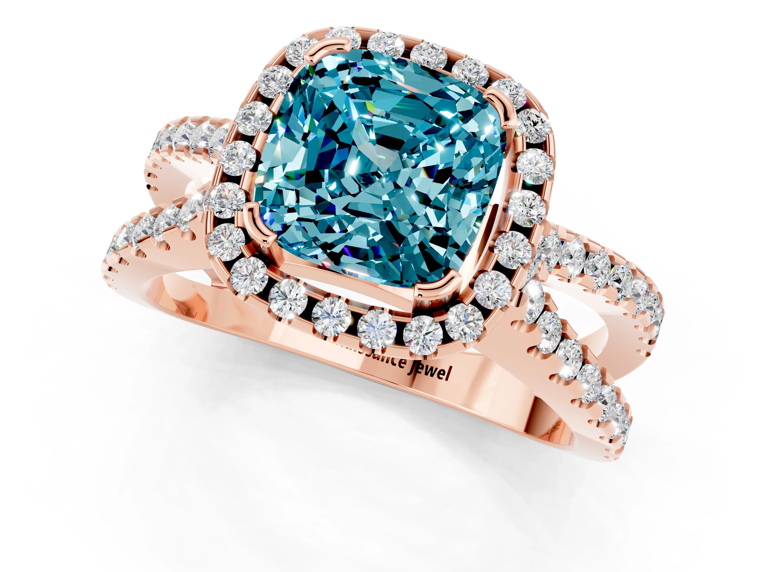 Rose gold Cushion Cut Blue Topaz Halo Ring with Split Shank Pavé Band and Prong Setting_1