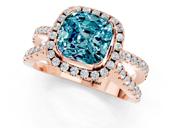 Rose gold Cushion Cut Blue Topaz Halo Ring with Split Shank Pavé Band and Prong Setting