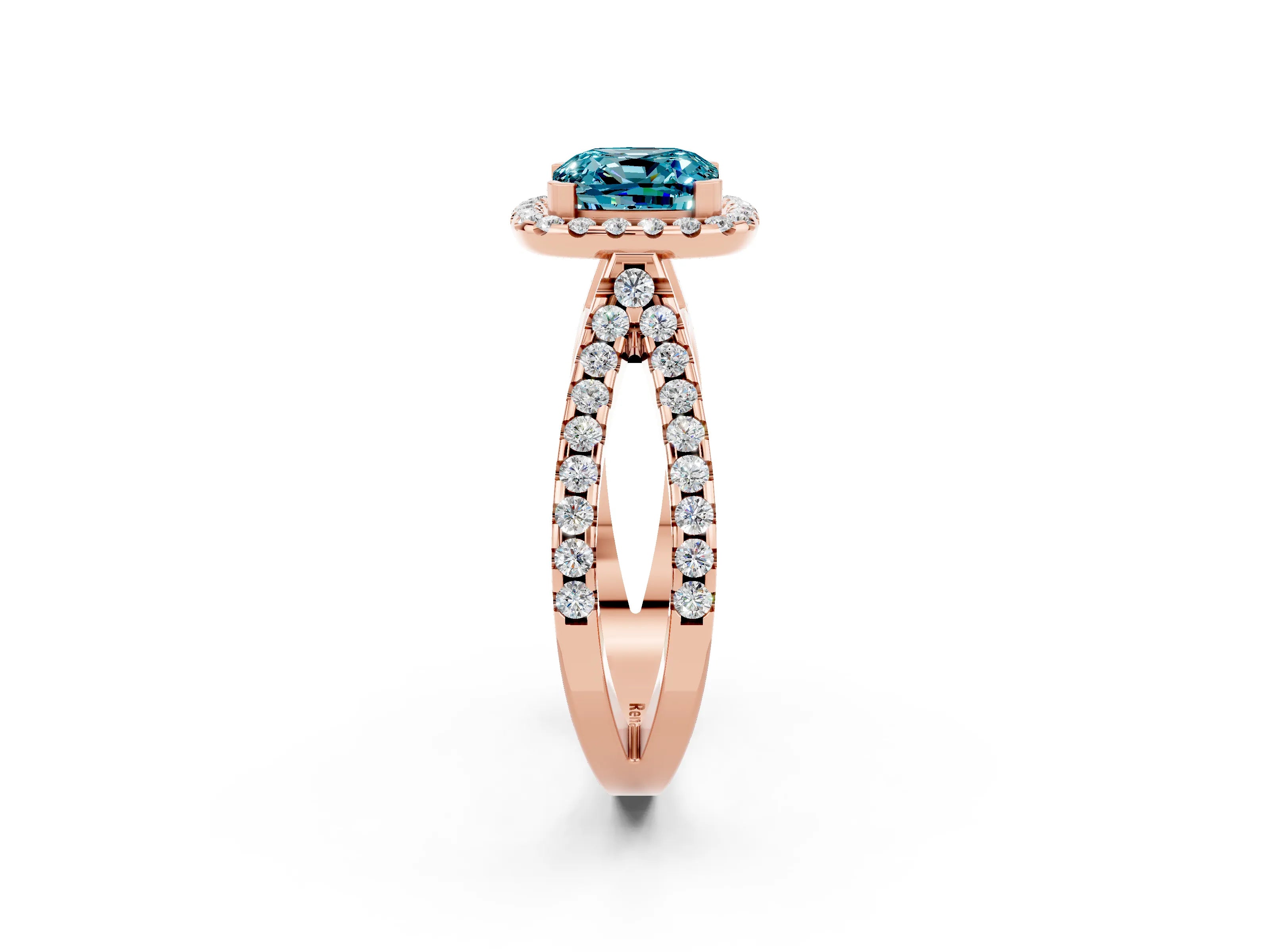 Rose gold Cushion Cut Blue Topaz Halo Ring with Split Shank Pavé Band and Prong Setting_2