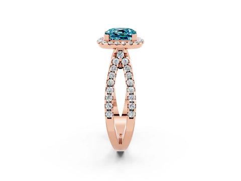 Rose gold Cushion Cut Blue Topaz Halo Ring with Split Shank Pavé Band and Prong Setting_2