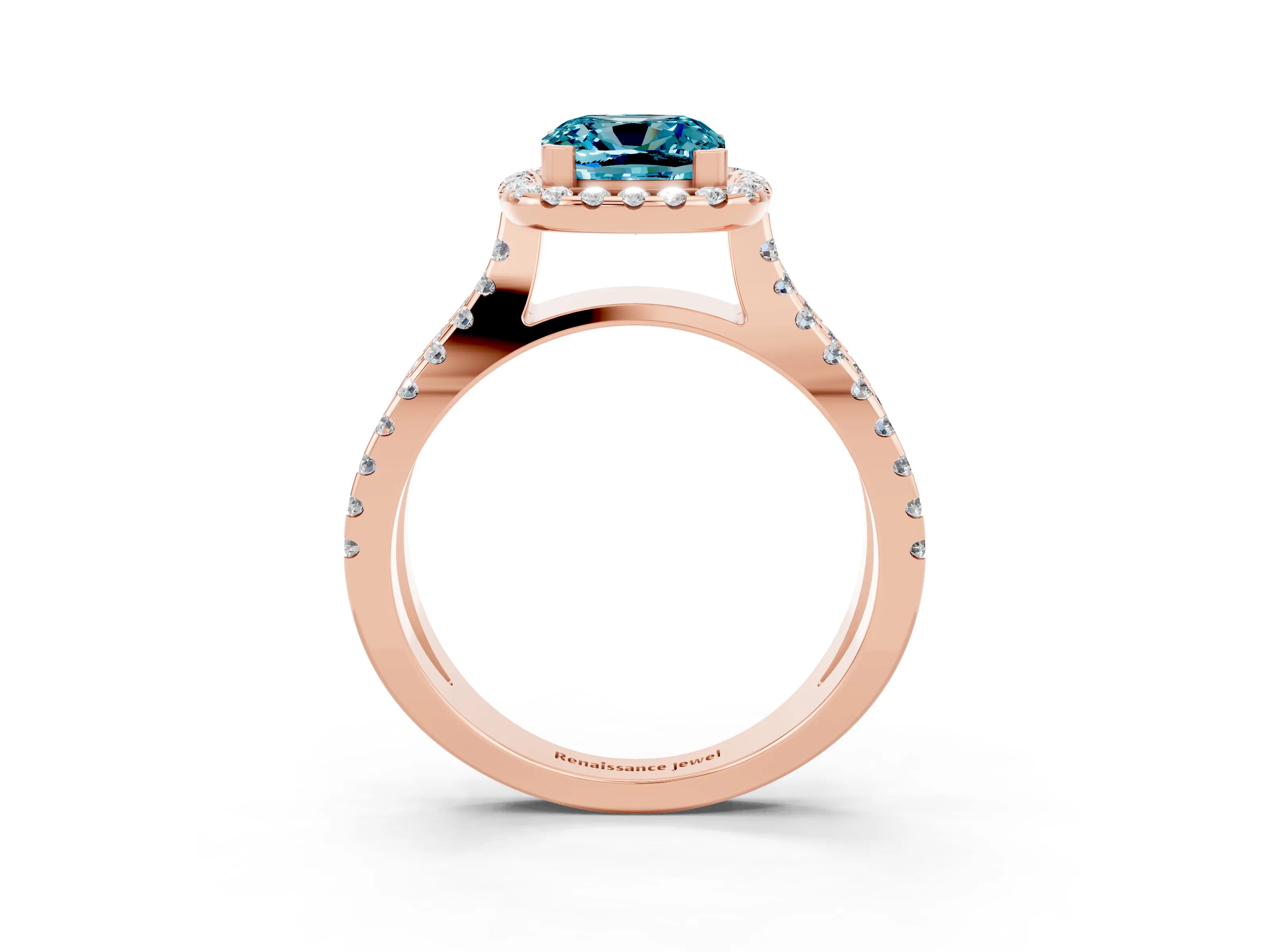 Rose gold Cushion Cut Blue Topaz Halo Ring with Split Shank Pavé Band and Prong Setting_3