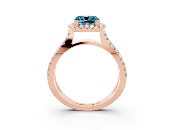Rose gold Cushion Cut Blue Topaz Halo Ring with Split Shank Pavé Band and Prong Setting