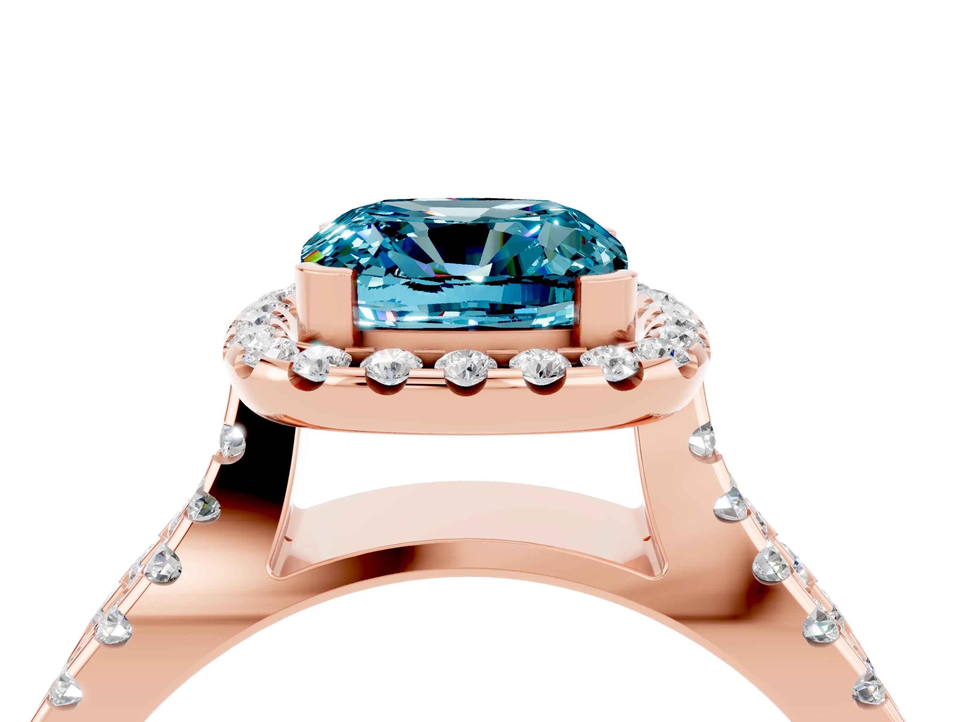 Rose gold Cushion Cut Blue Topaz Halo Ring with Split Shank Pavé Band and Prong Setting_4