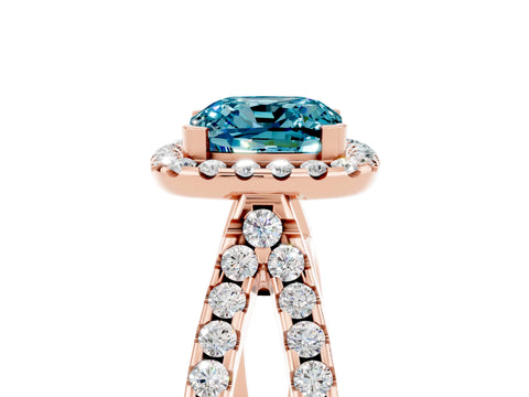 Rose gold Cushion Cut Blue Topaz Halo Ring with Split Shank Pavé Band and Prong Setting_5