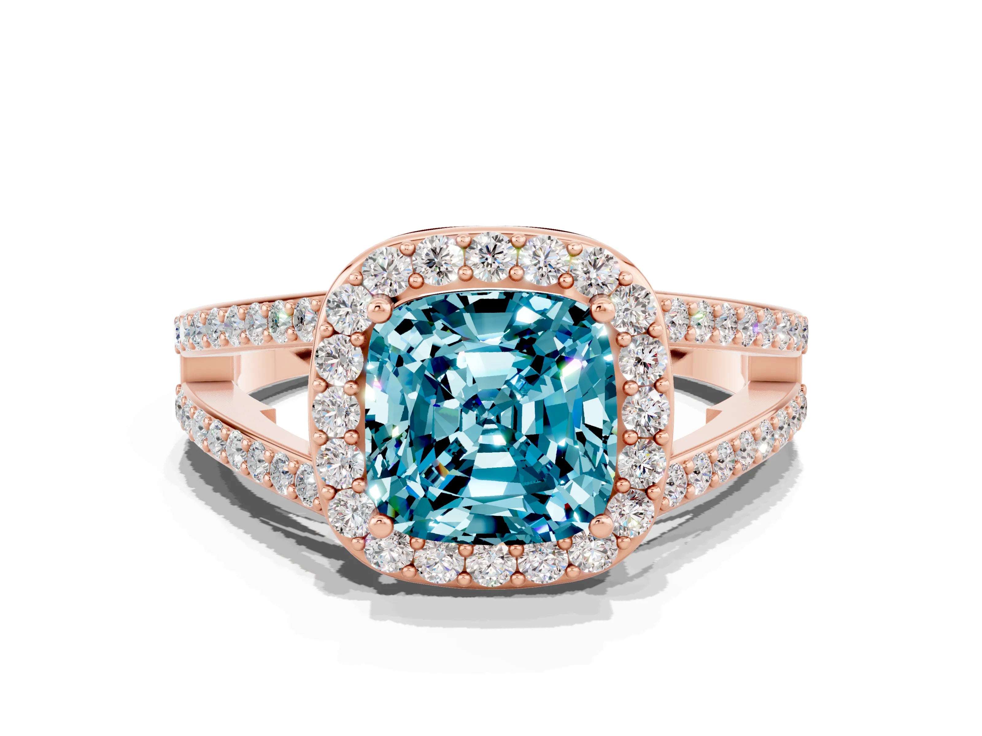 Rose gold Cushion Cut Blue Topaz Halo Ring with Split Shank U-Prong Band and Four-Prong Setting