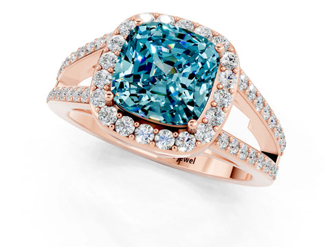 Rose gold Cushion Cut Blue Topaz Halo Ring with Split Shank U-Prong Band and Four-Prong Setting_1
