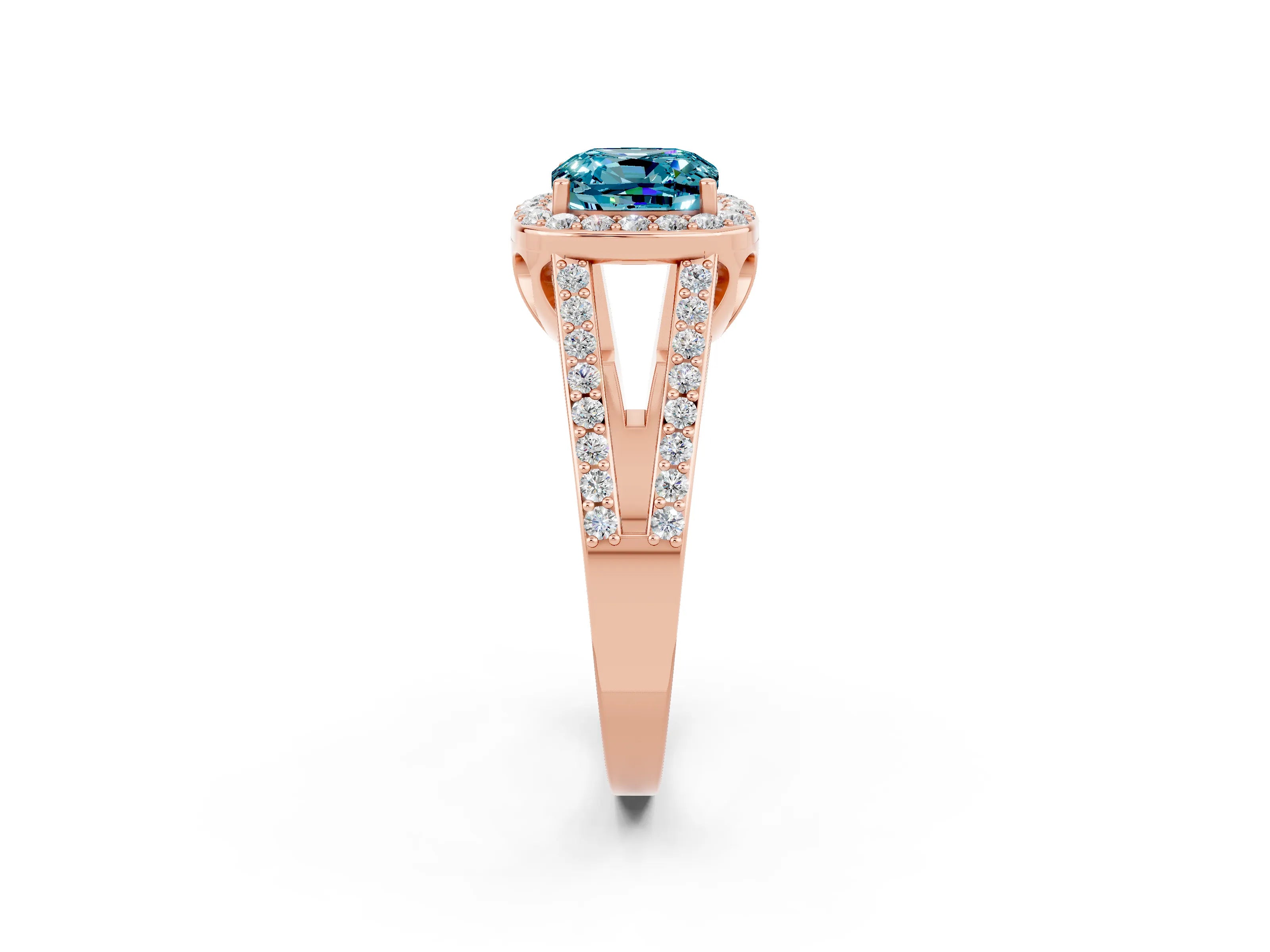 Rose gold Cushion Cut Blue Topaz Halo Ring with Split Shank U-Prong Band and Four-Prong Setting_2
