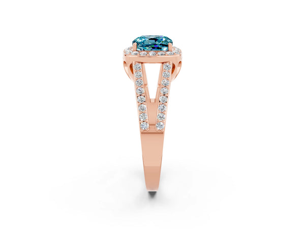 Rose gold Cushion Cut Blue Topaz Halo Ring with Split Shank U-Prong Band and Four-Prong Setting