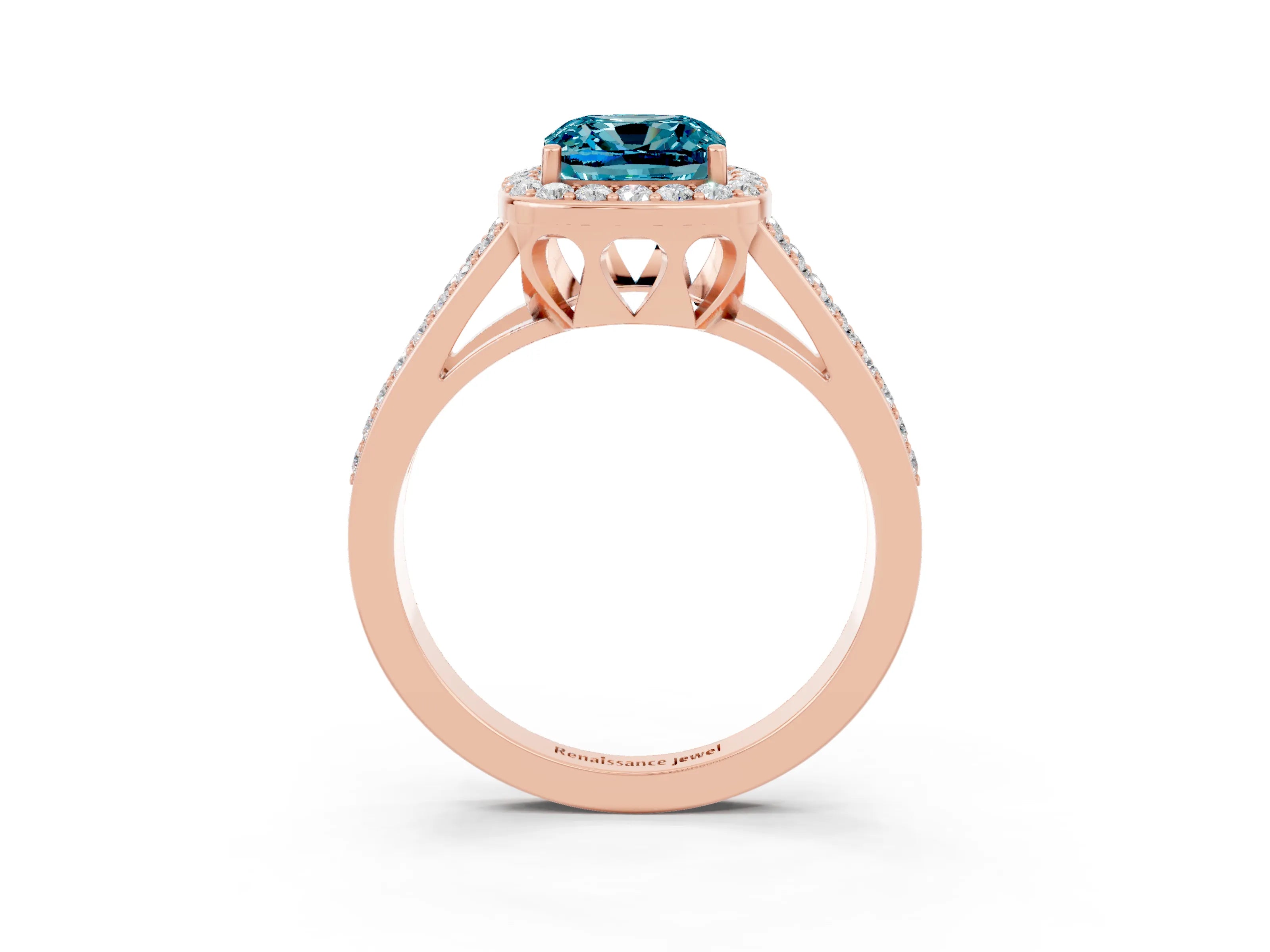 Rose gold Cushion Cut Blue Topaz Halo Ring with Split Shank U-Prong Band and Four-Prong Setting_3