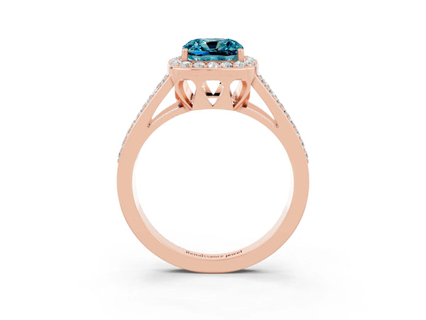 Rose gold Cushion Cut Blue Topaz Halo Ring with Split Shank U-Prong Band and Four-Prong Setting