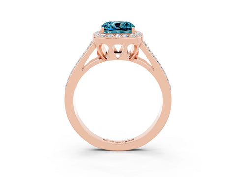 Rose gold Cushion Cut Blue Topaz Halo Ring with Split Shank U-Prong Band and Four-Prong Setting_3