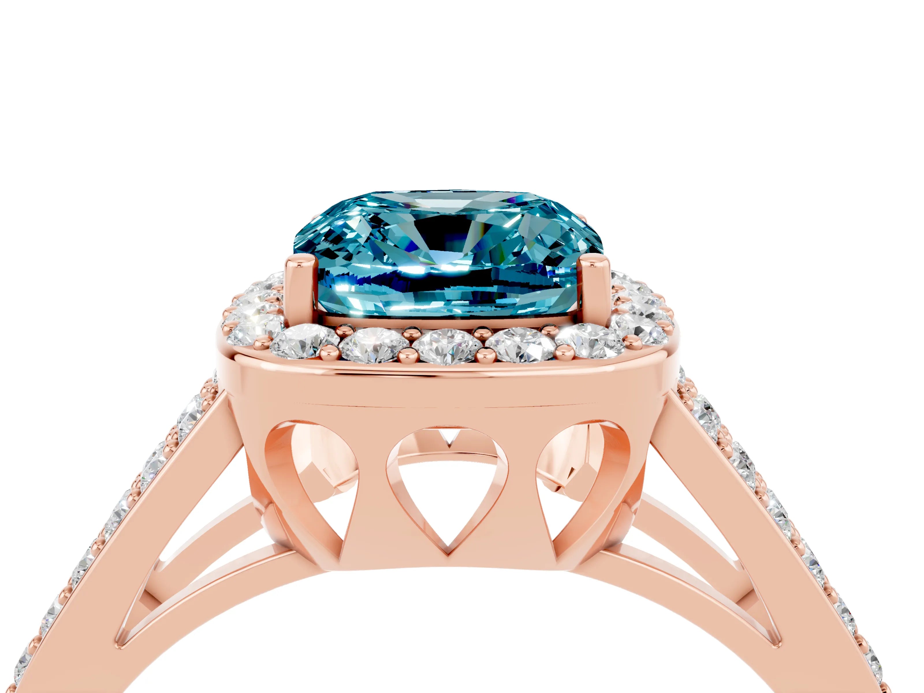 Rose gold Cushion Cut Blue Topaz Halo Ring with Split Shank U-Prong Band and Four-Prong Setting_4