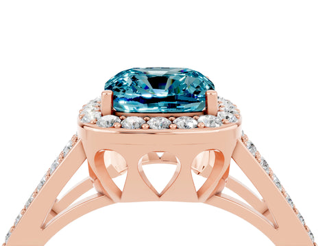 Rose gold Cushion Cut Blue Topaz Halo Ring with Split Shank U-Prong Band and Four-Prong Setting_4