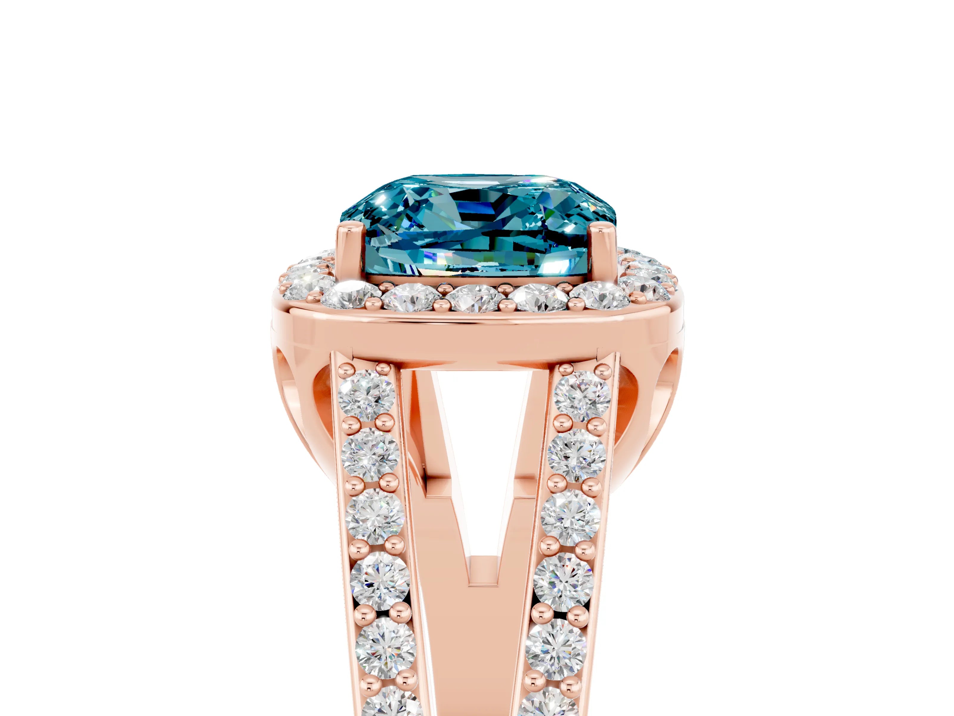Rose gold Cushion Cut Blue Topaz Halo Ring with Split Shank U-Prong Band and Four-Prong Setting_5